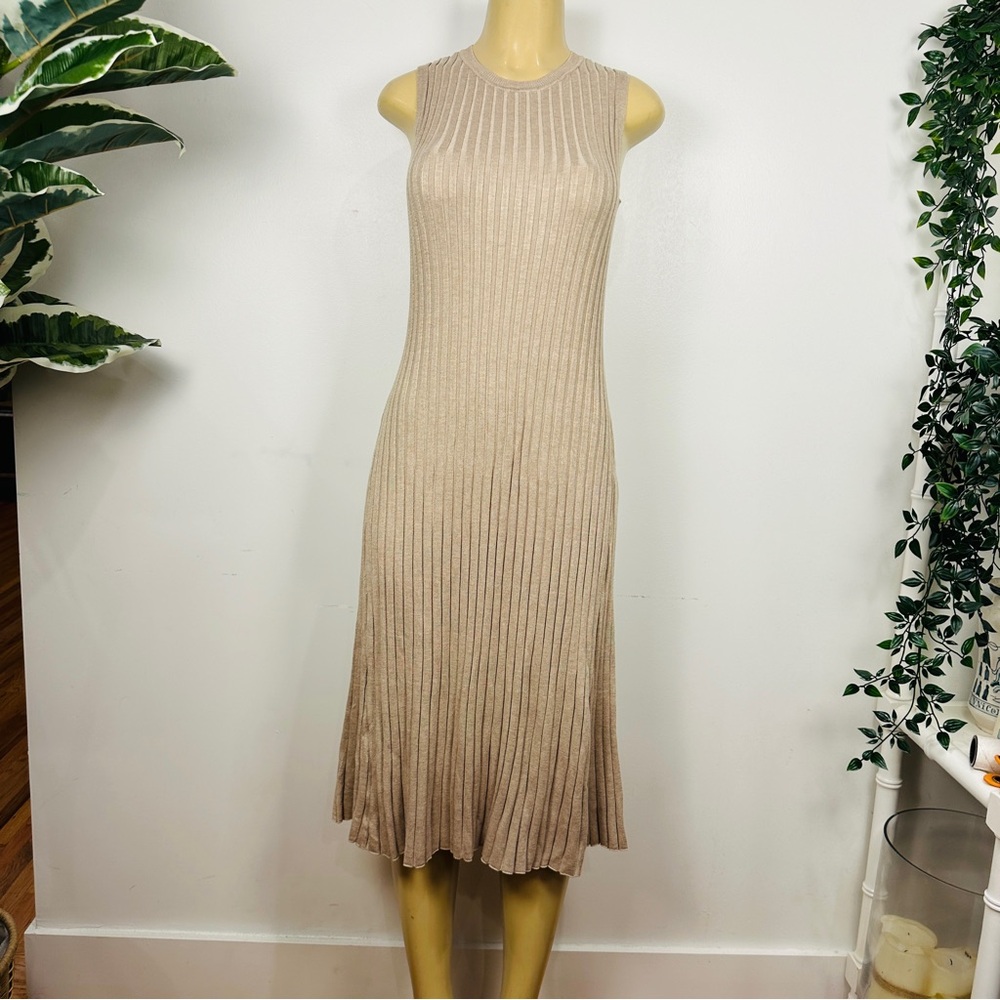 A New Day Wide Ribbed Sweater Midi Dress Sz L Sleeveless Fit Flare Beige